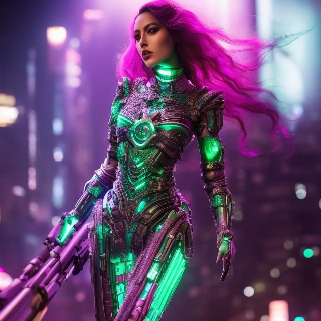 Cyberpunk Woman in Jellyfish Dress, Alphonse Mucha Style