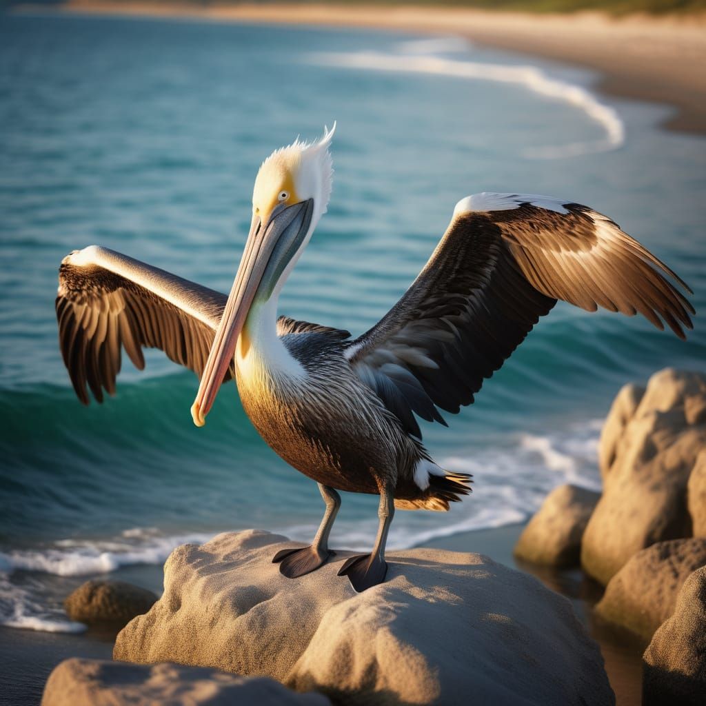 Serenic Pelican at Sunset on the Seaside