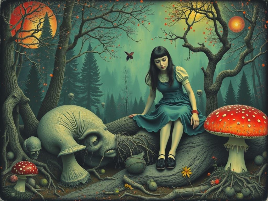 Alice in Wonderland on Mushroom in Psychedelic Style