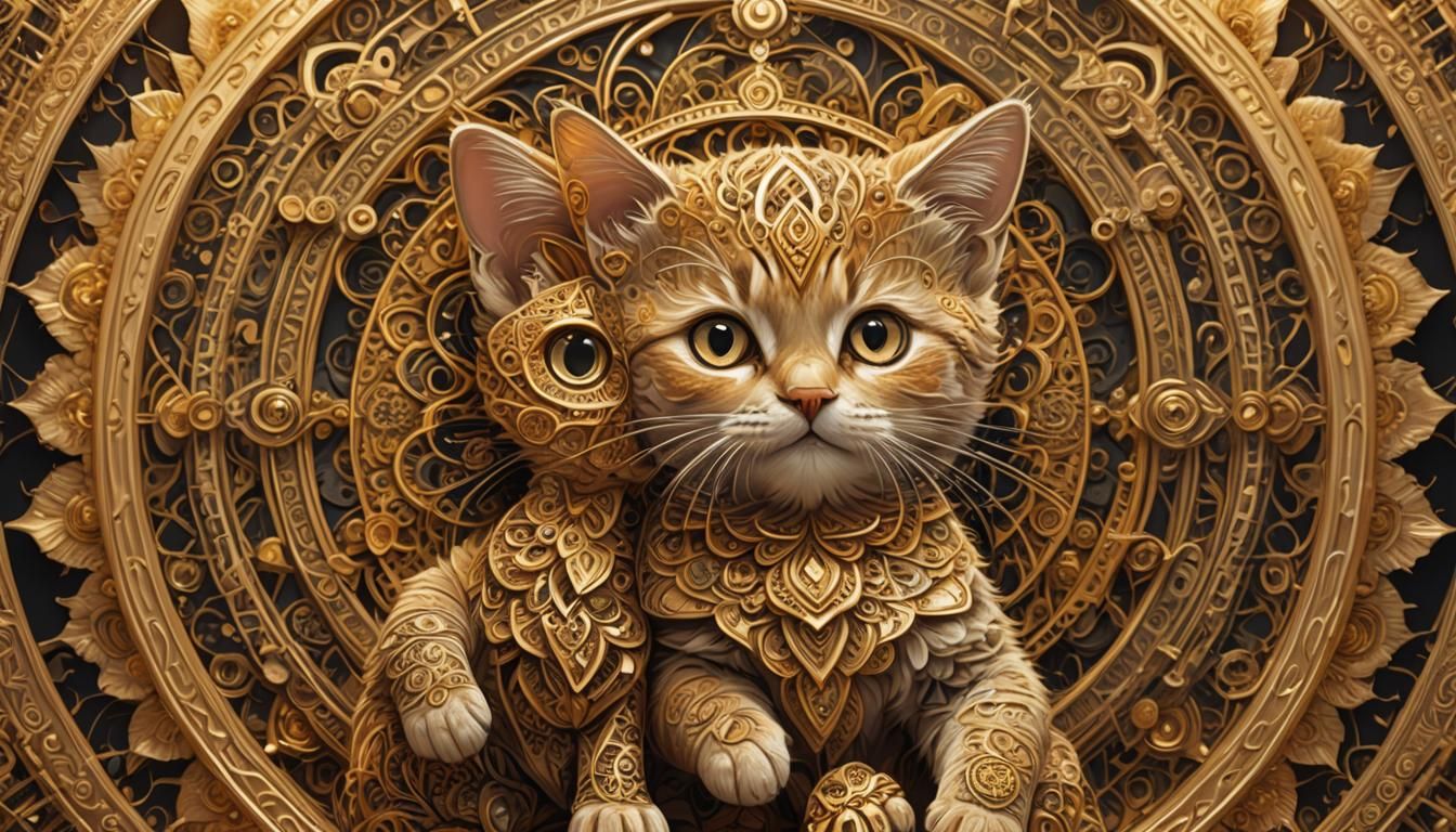 Golden Magician with Baby Cat Mandala