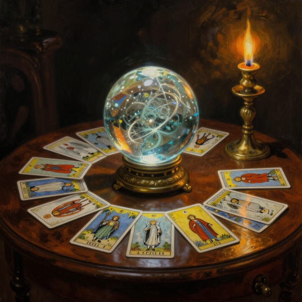 Mystic Tarot Deck and Crystal Ball on Antique Table
