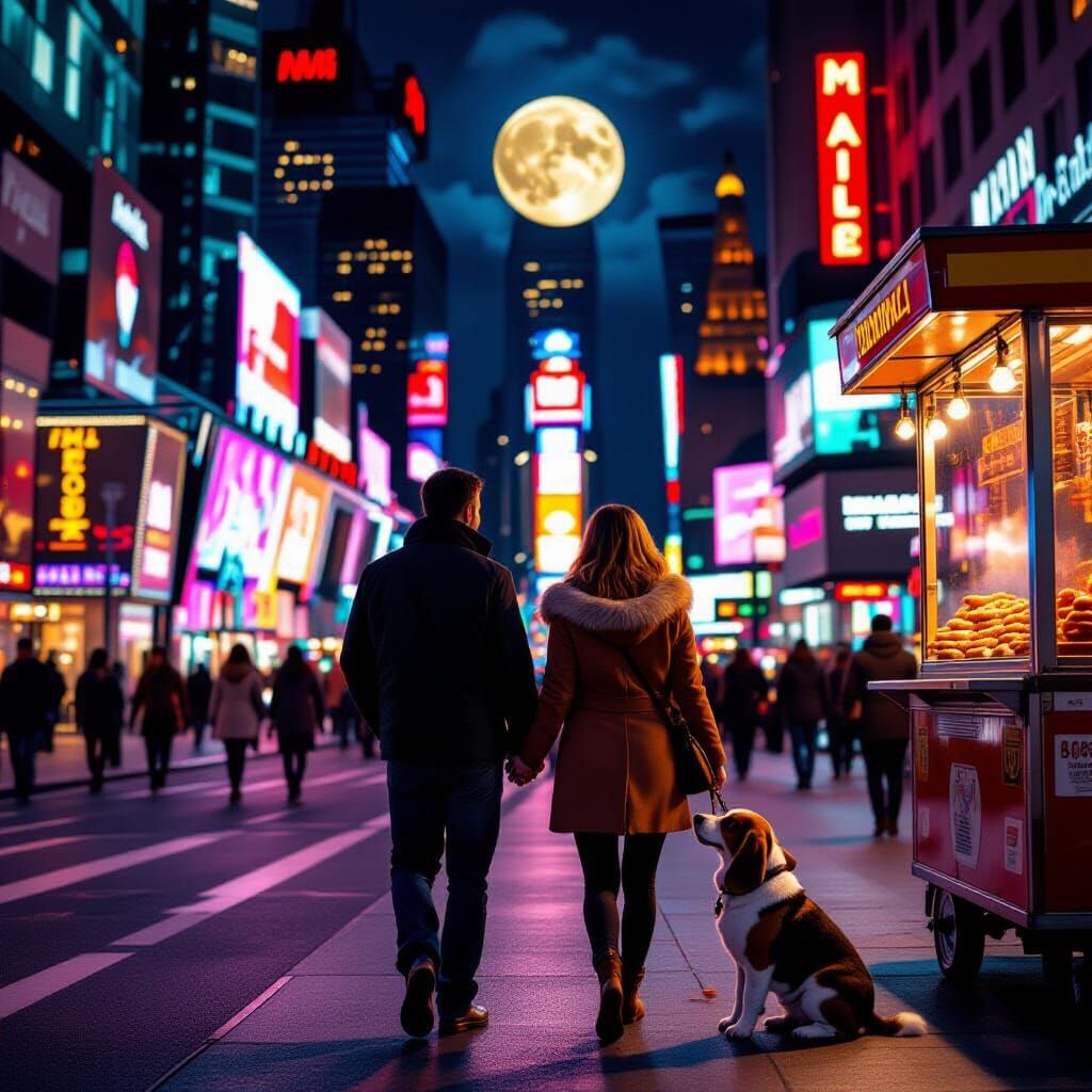 Couple Walks Through Neon Times Square on Autumn Night