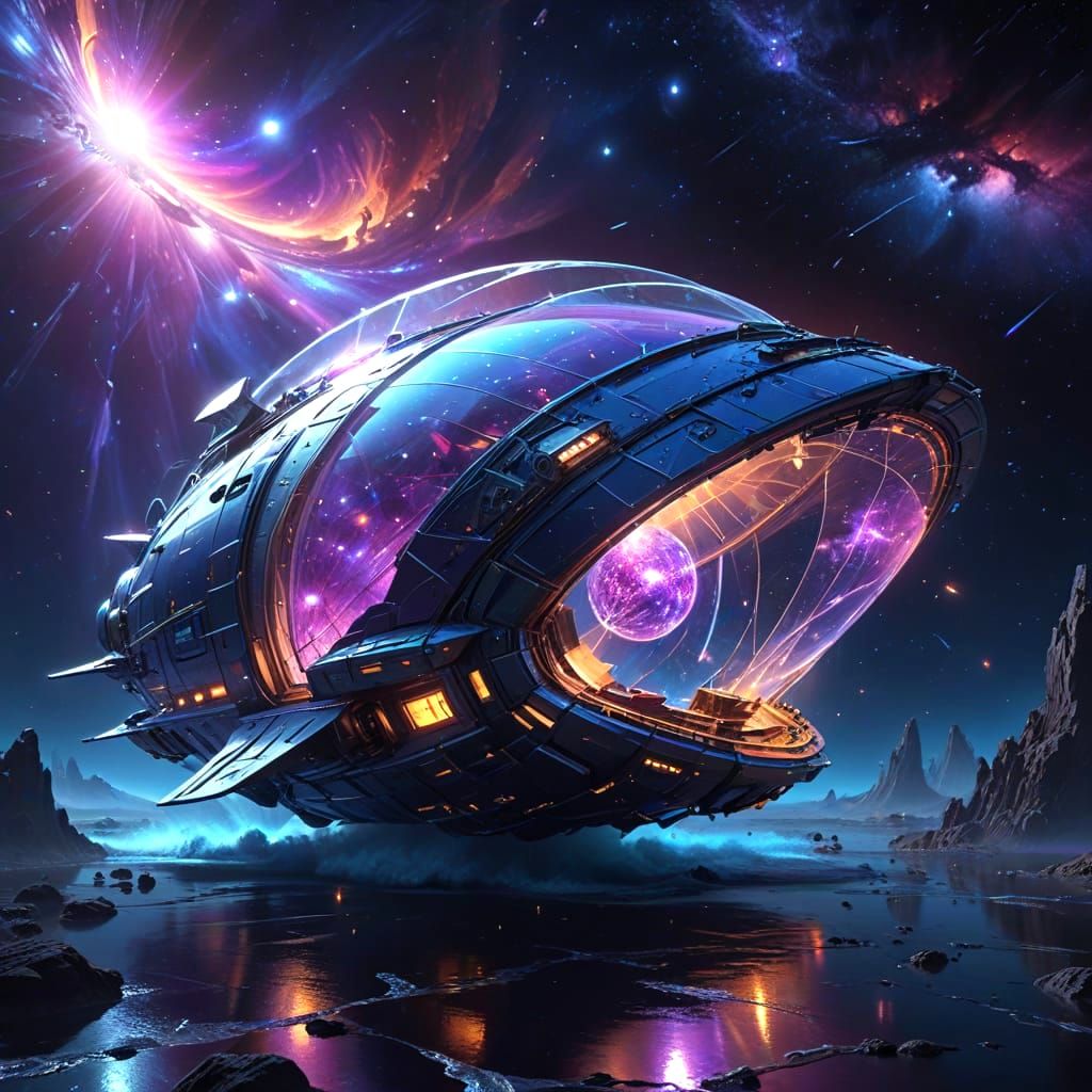 Futuristic Glass Spaceship in Cosmic Void
