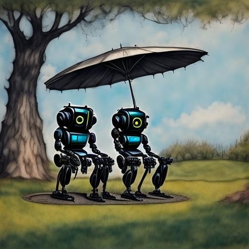 Robots in a Futuristic Urban Park on an Alien World, in a Wh...