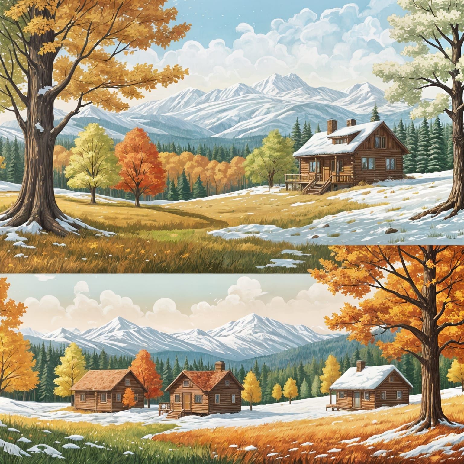 Four Seasons Panoramic Landscape in Hyperrealistic Style