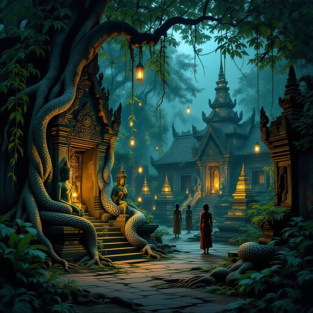 Eerie Thai Temple Garden at Night