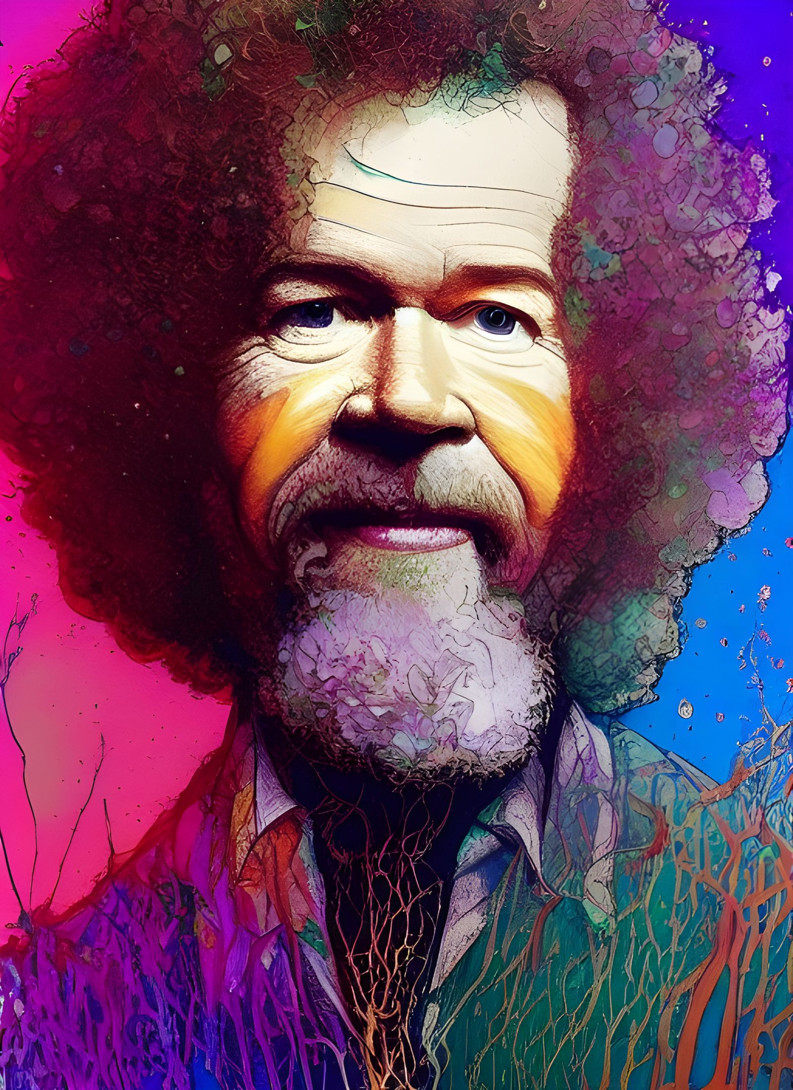 Bob Ross: Good Night World in Hypermaximalist Style