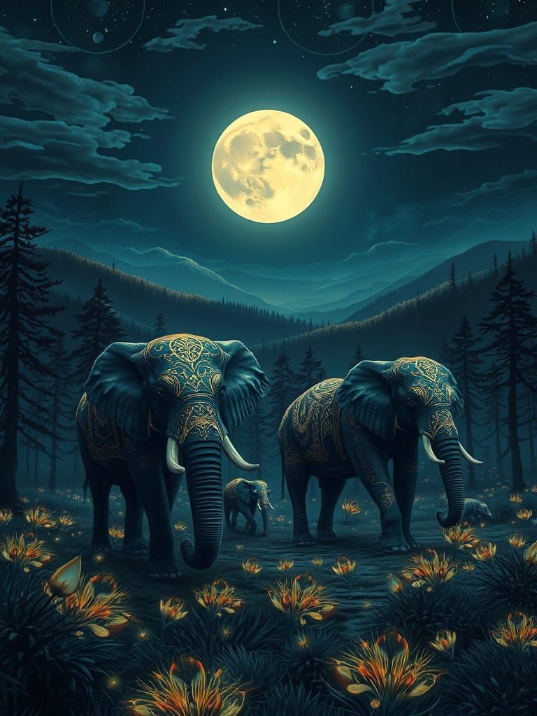 Surreal Elephants Shine Amidst Neon Forest