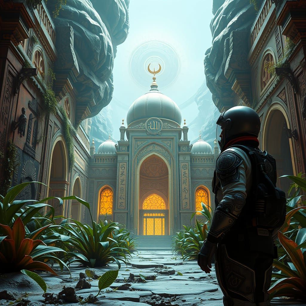 Alien Mosque Discovery: A Neoclassical Space Scene