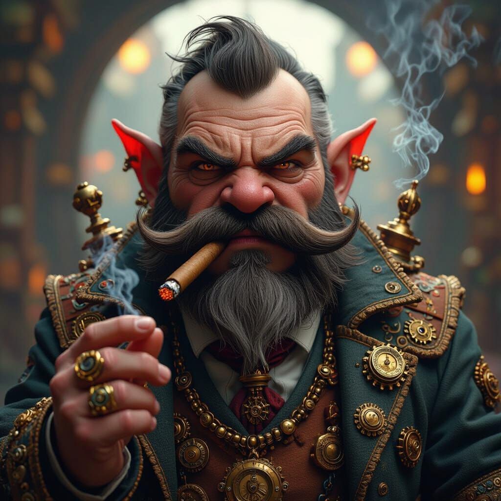 Steampunk Gnome with Cigar in Fantasy Art Style