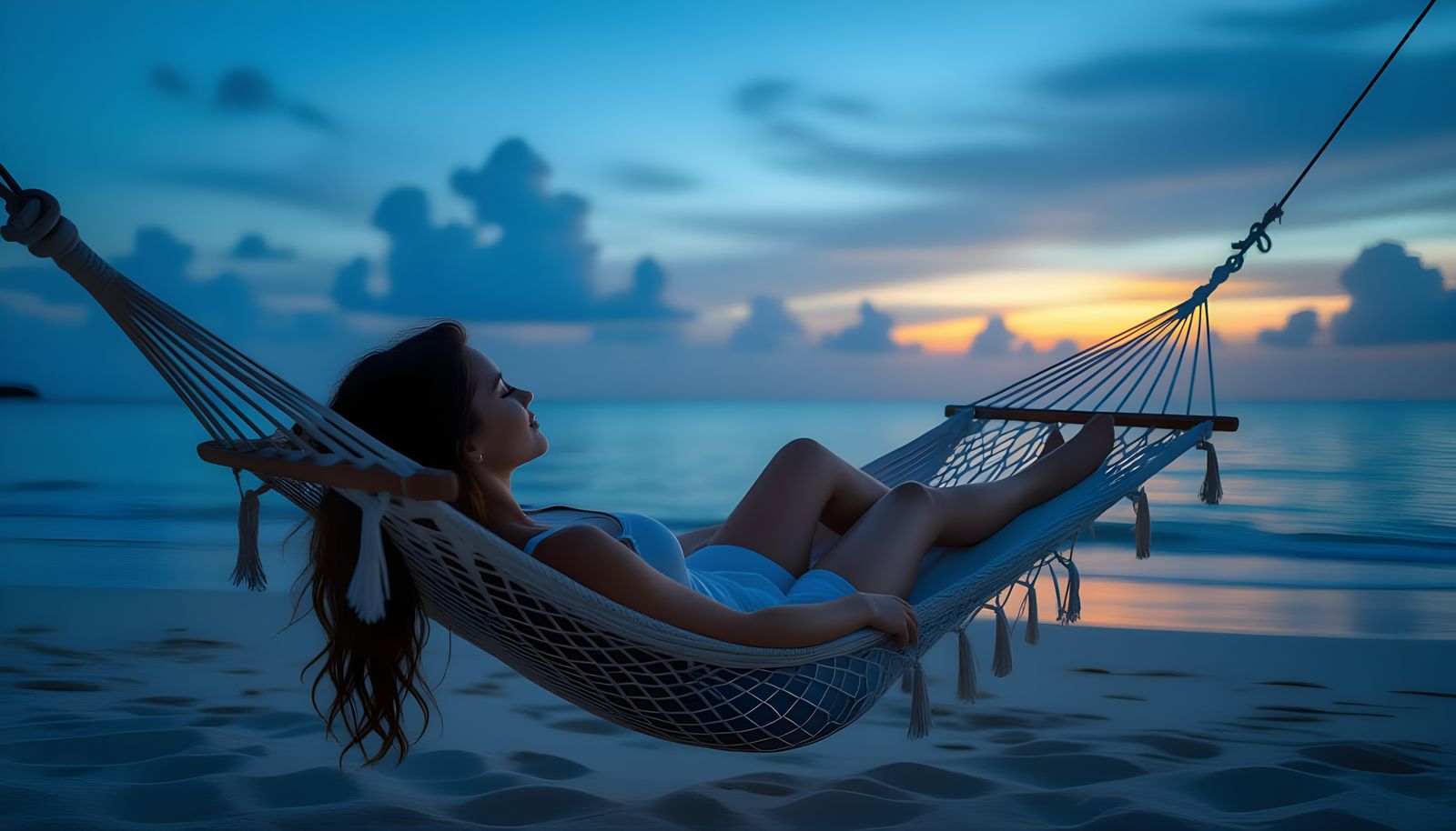 Woman Relaxing in Hammock on Beach at Dusk