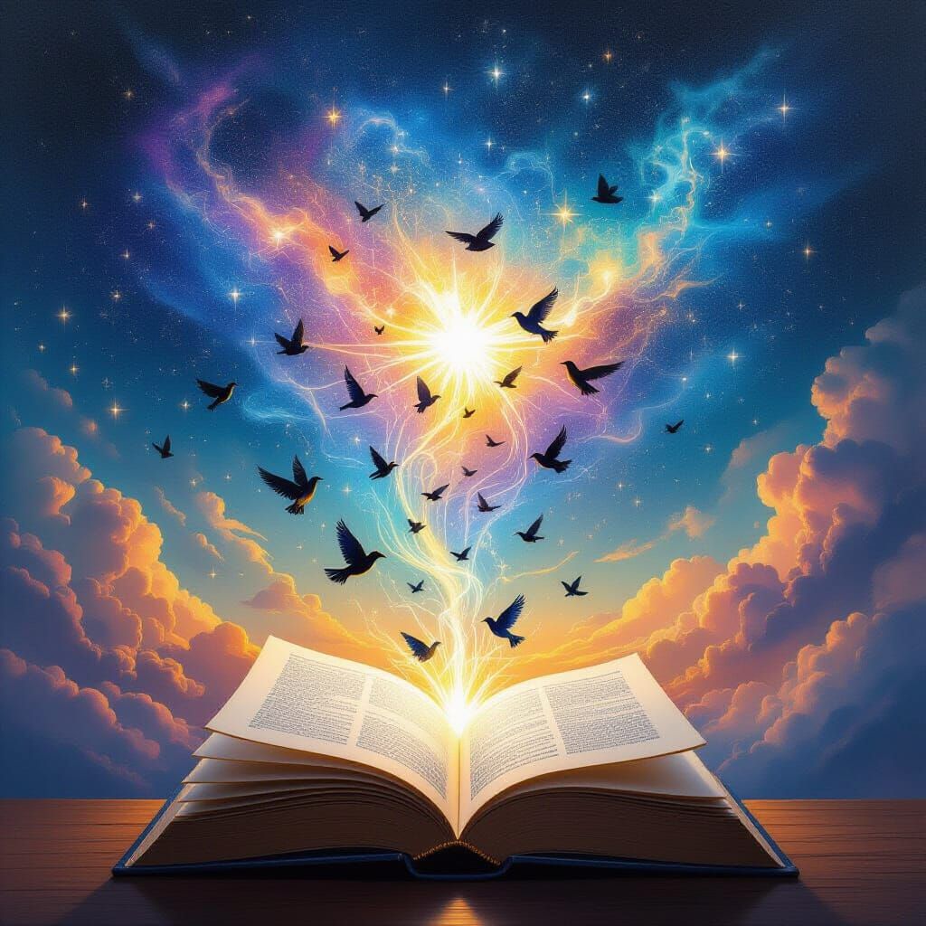 Surreal Cosmic Sky With Book Pages Turning Into Birds