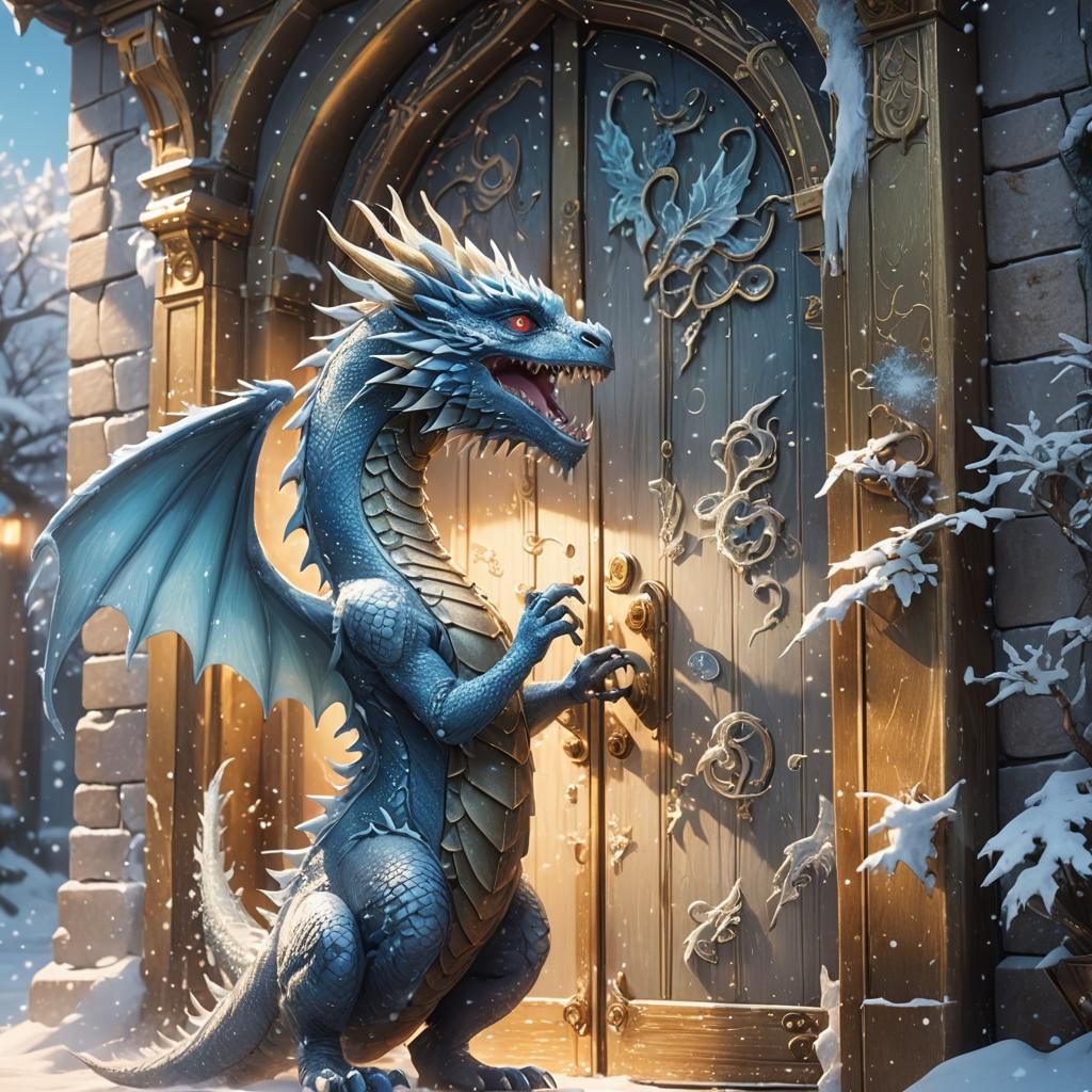 Baby Dragon and Snowy Door in Anime Style