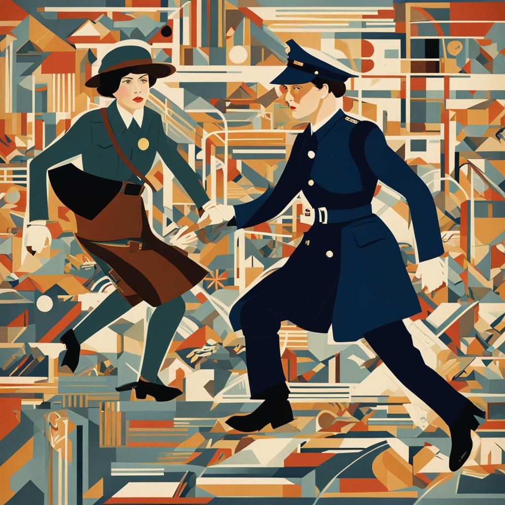 1920s British Policewoman Chasing a Thief in Abstract Art