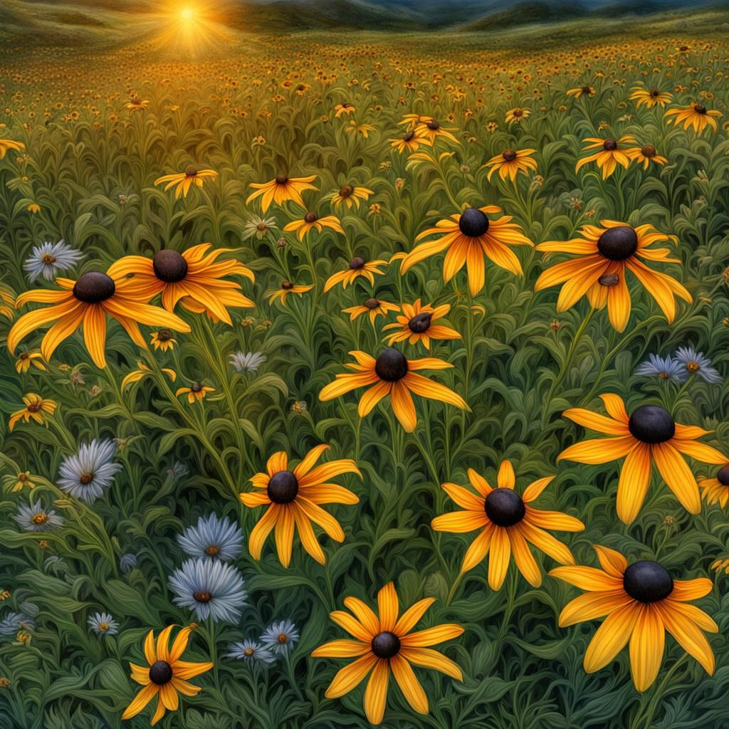 Black-Eyed Susans at Sunrise: Hyperrealistic Meadow Scene