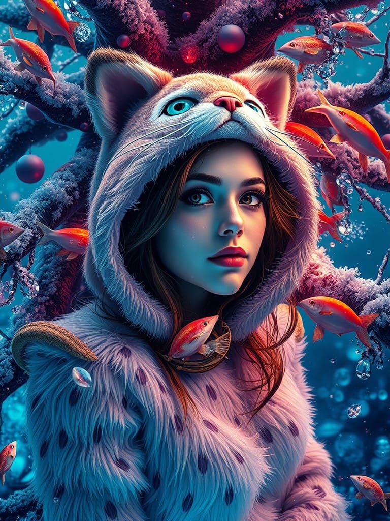 Dreamlike Underwater Kitty Goddess in Whimsical Winter Wonde...