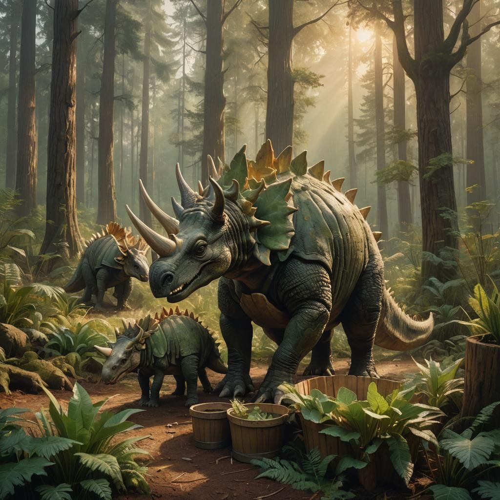 Stegosaurus Family Meal in Misty Forest, Oil Painting
