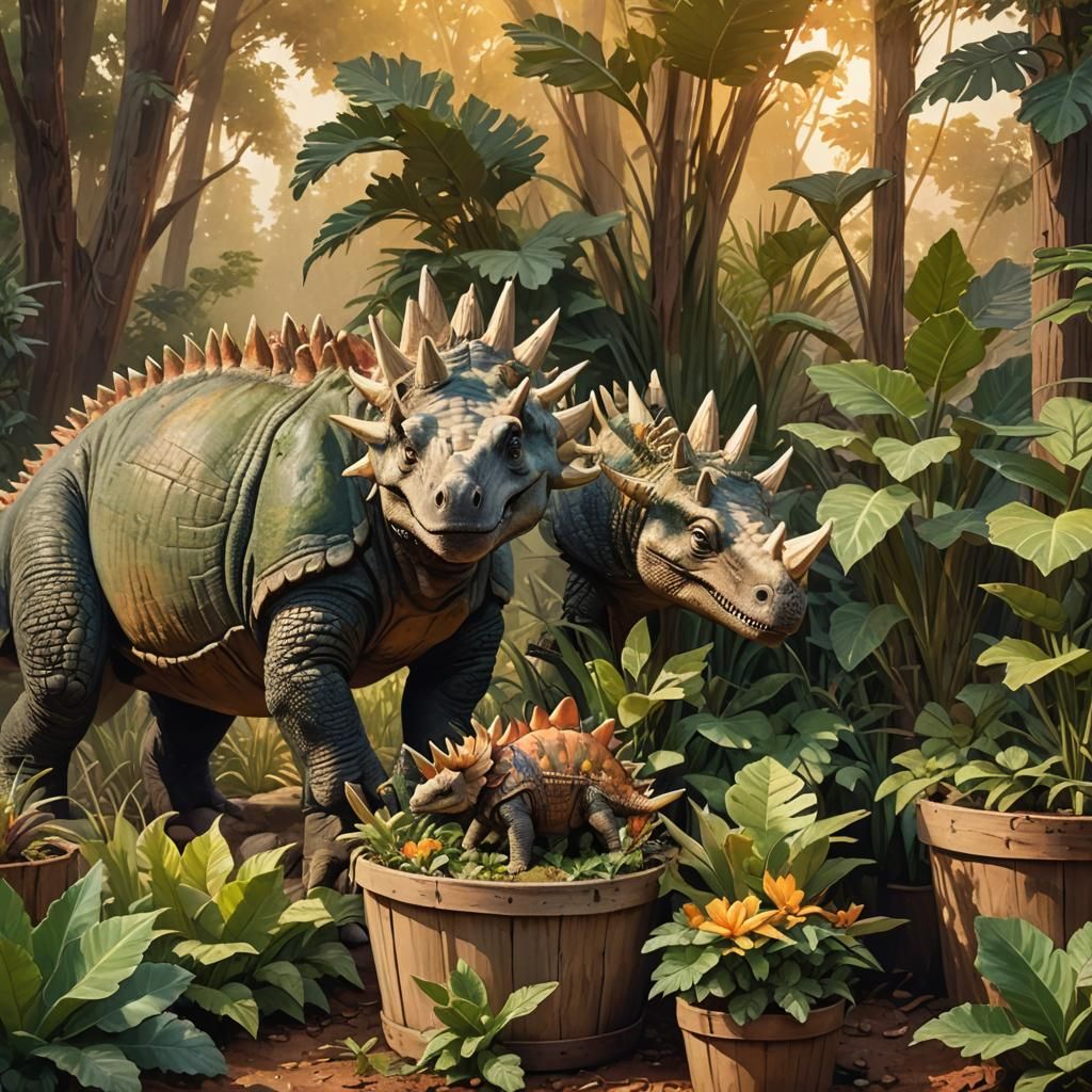 Stegosaurus Family Eating Plants: Watercolor Digital Paintin...