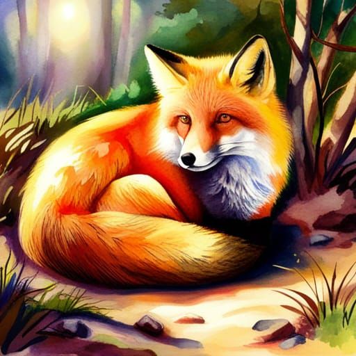 Adorable Fox in Woods: Watercolor Painting
