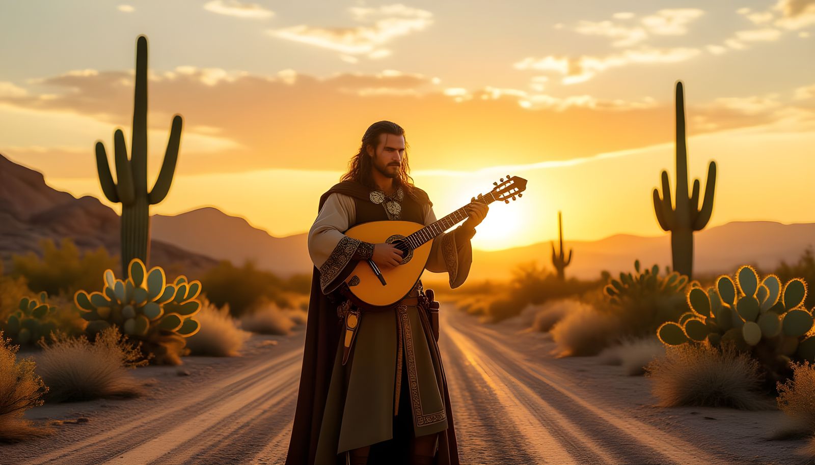 Medieval Bard on Desert Road at Golden Sunset
