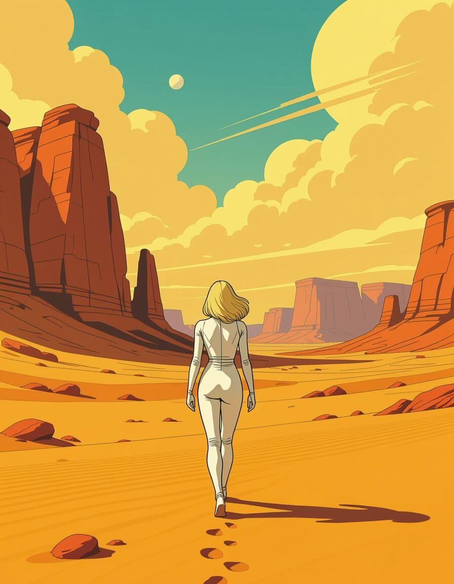 Moebius Style Alien Desert Landscape with Woman