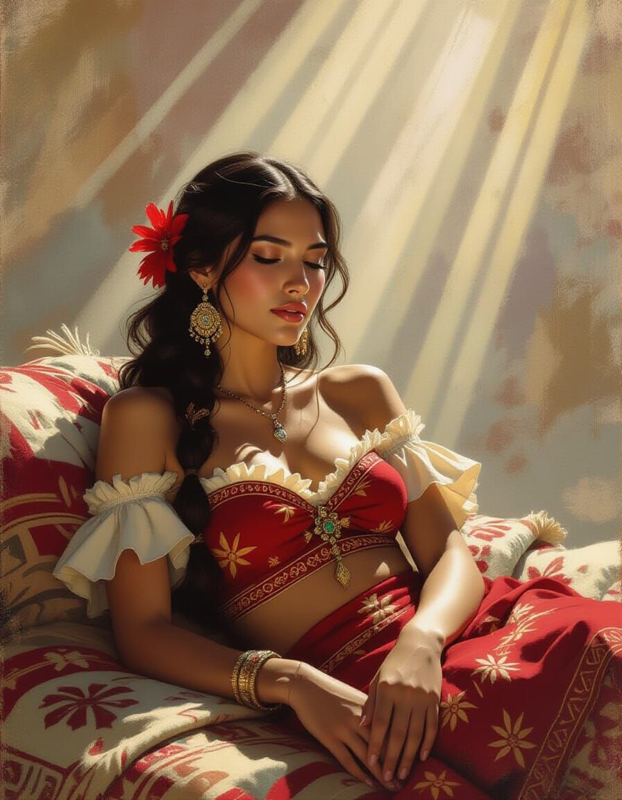 Amazonian Woman in Sunbeams, Painterly Style