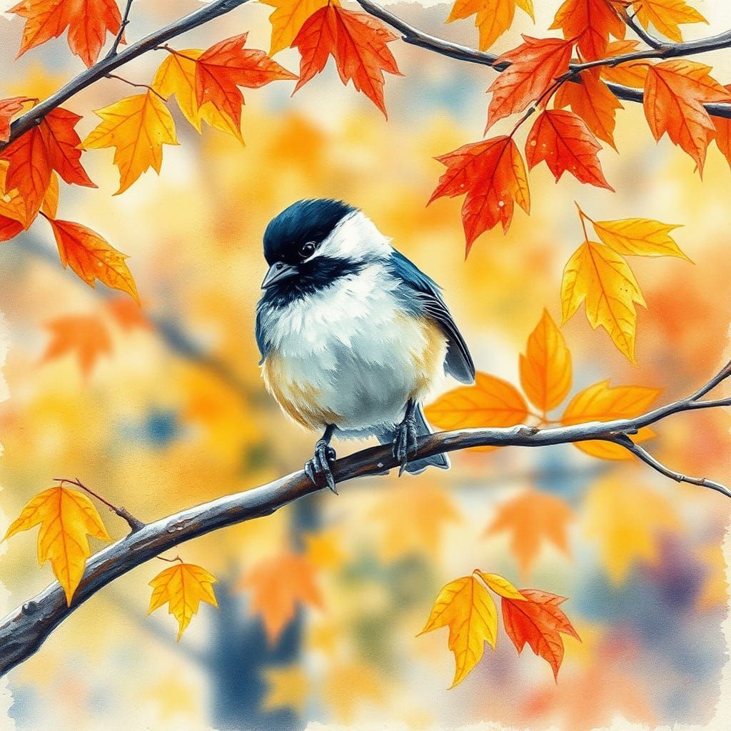 Autumn Chickadee Watercolor Scene