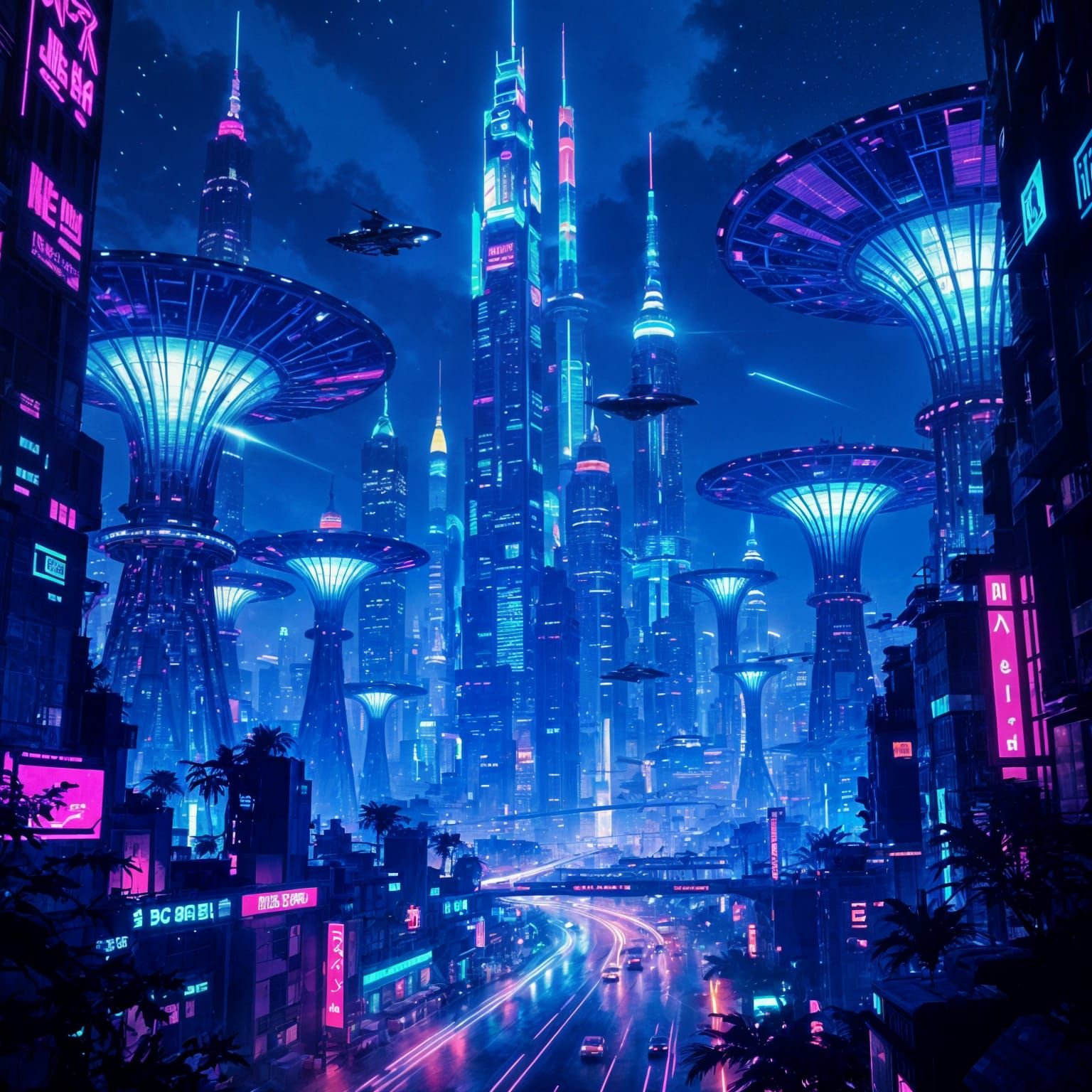 Bioluminescent Cyberpunk Cityscape with Glowing Flora
