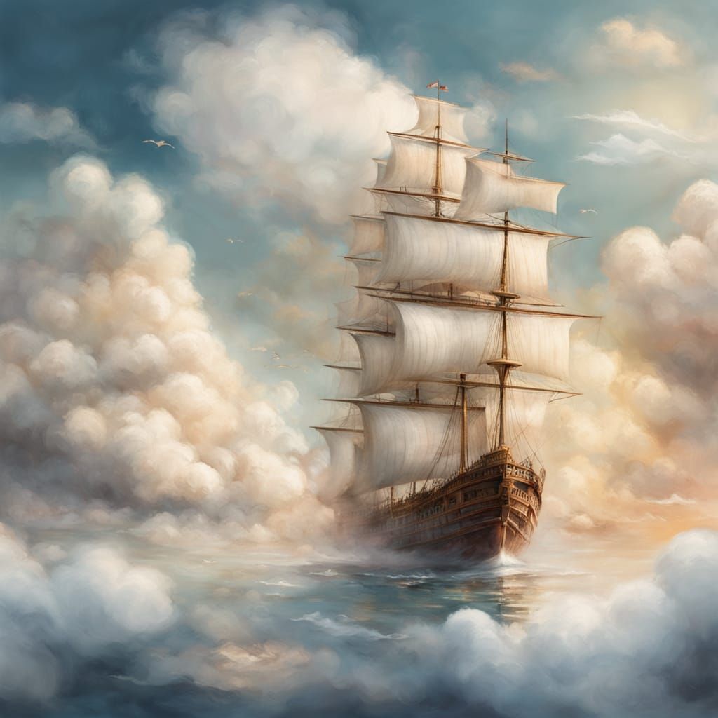 Whimsical Fantasy Flying Boat soars Through Dreamy Clouds