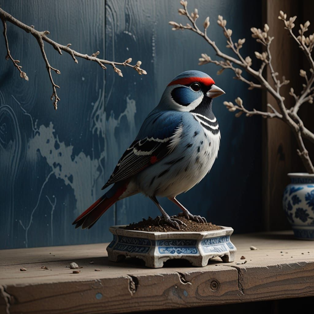 Diamond-firetail on Weathered Delft-Blue Ceramics in Moody, ...