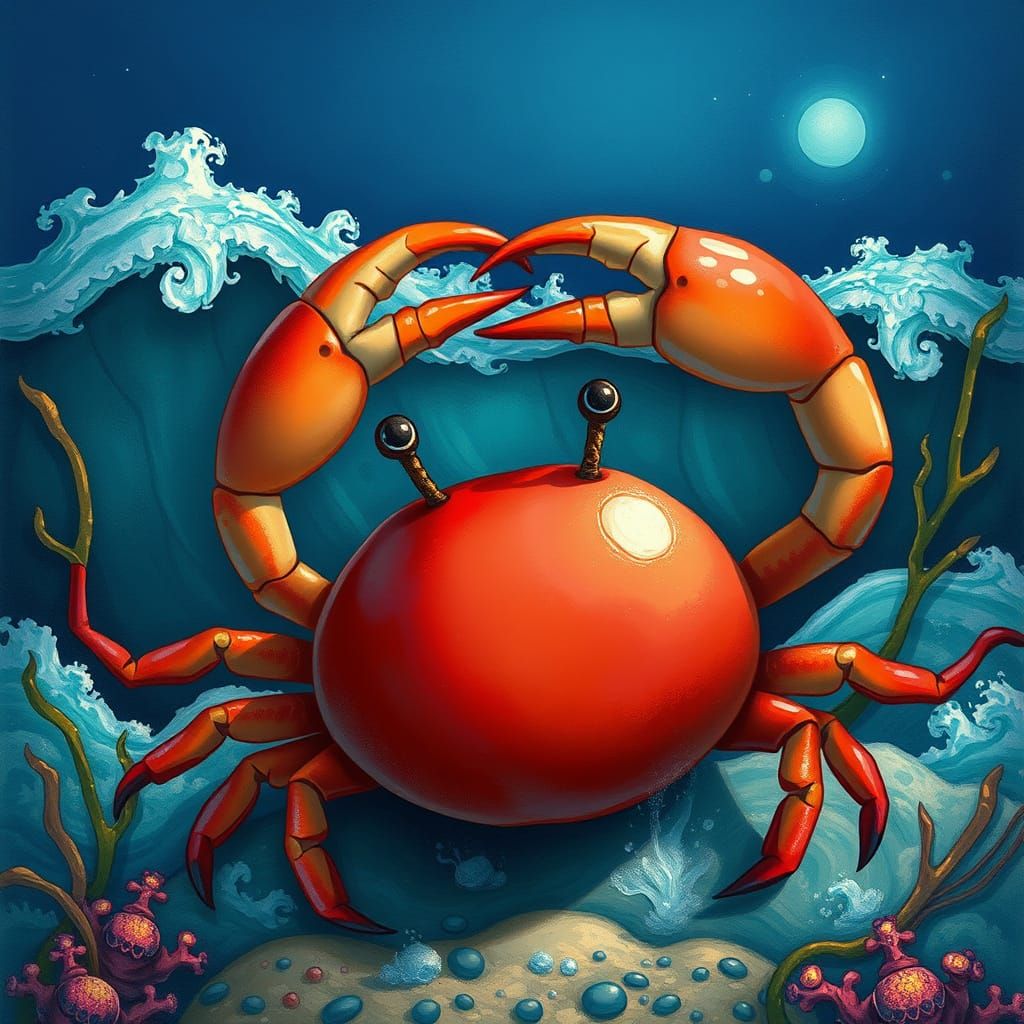 Crab with Apple Body in Whimsical Seascape