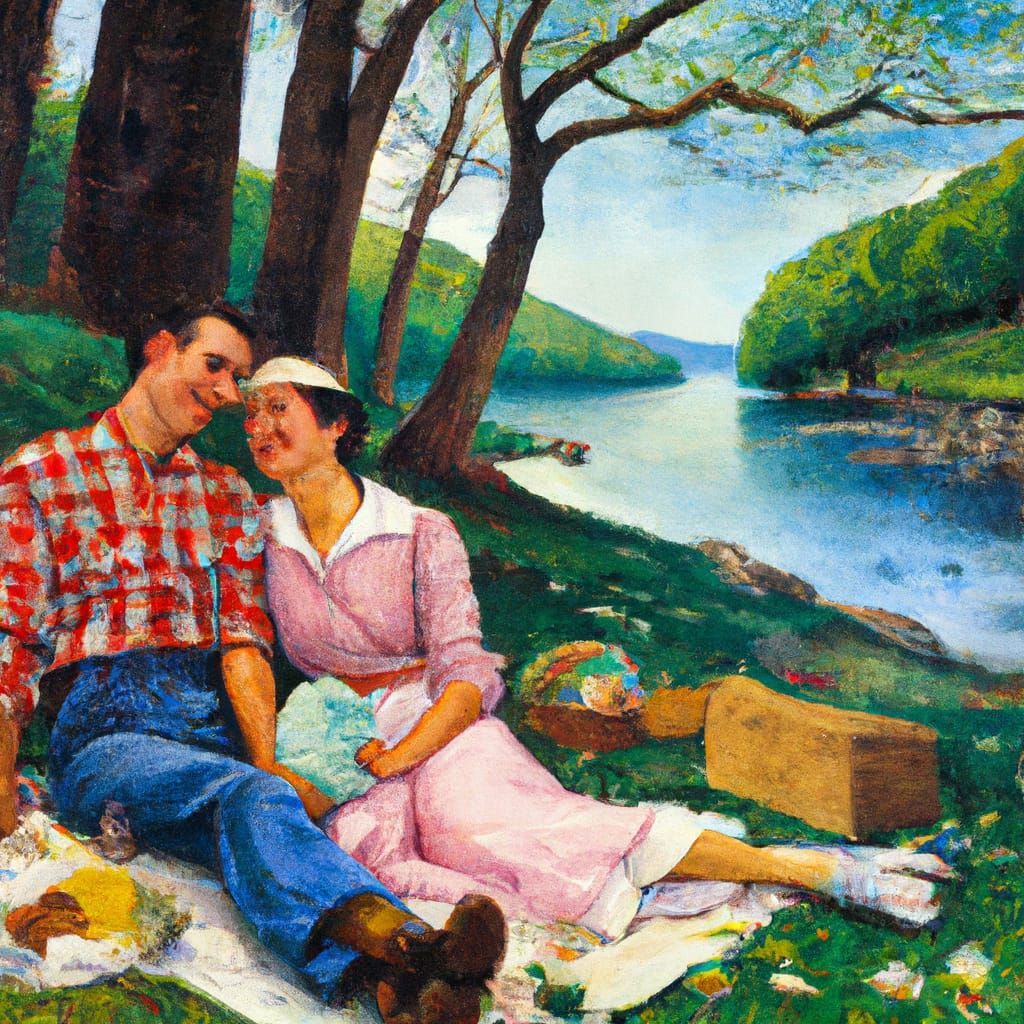 Lovers' Picnic in Park: Rockwell-esque Painting