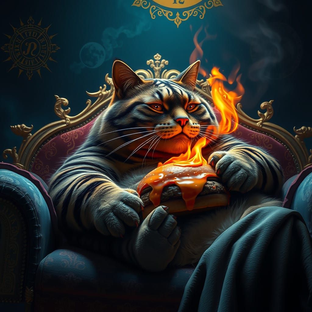 Regal Feline Burger Connoisseur on Velvet Couch