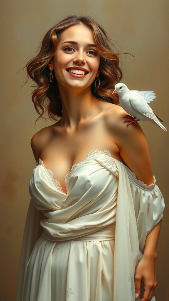 Woman with Dove in Art Nouveau Style