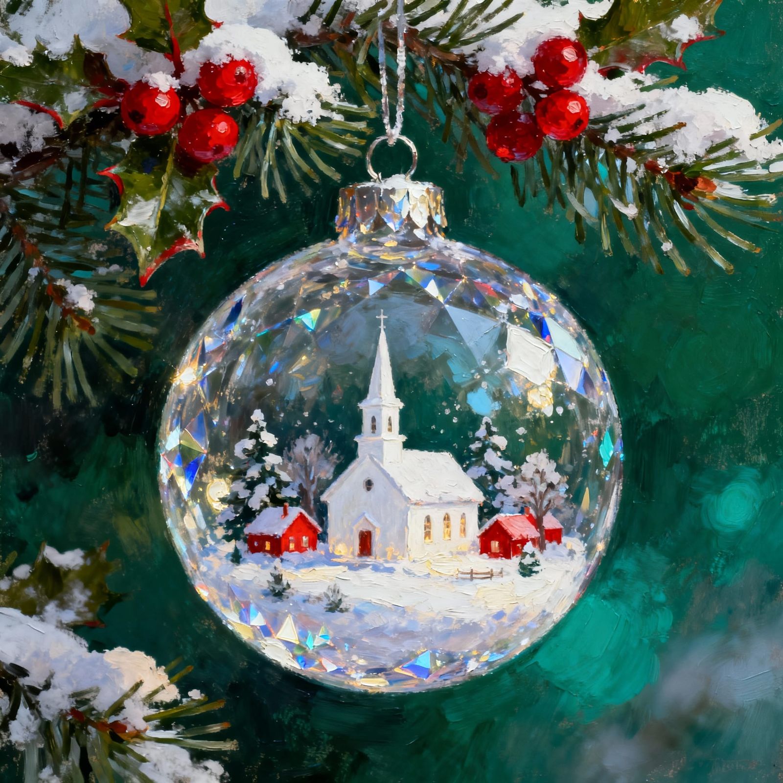 Impasto Oil Painting of a Christmas Ornament with Winter Sce...