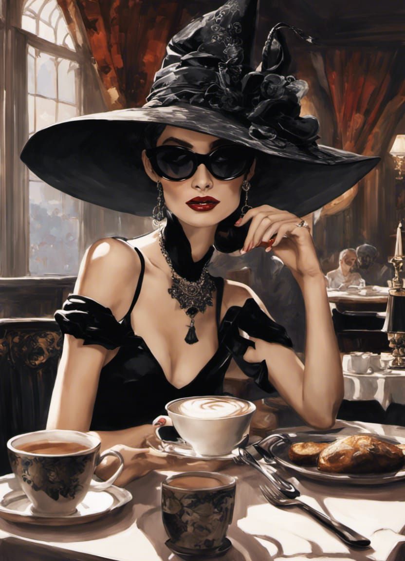 Elegant Witch at Cafe in Dark Fantasy Style