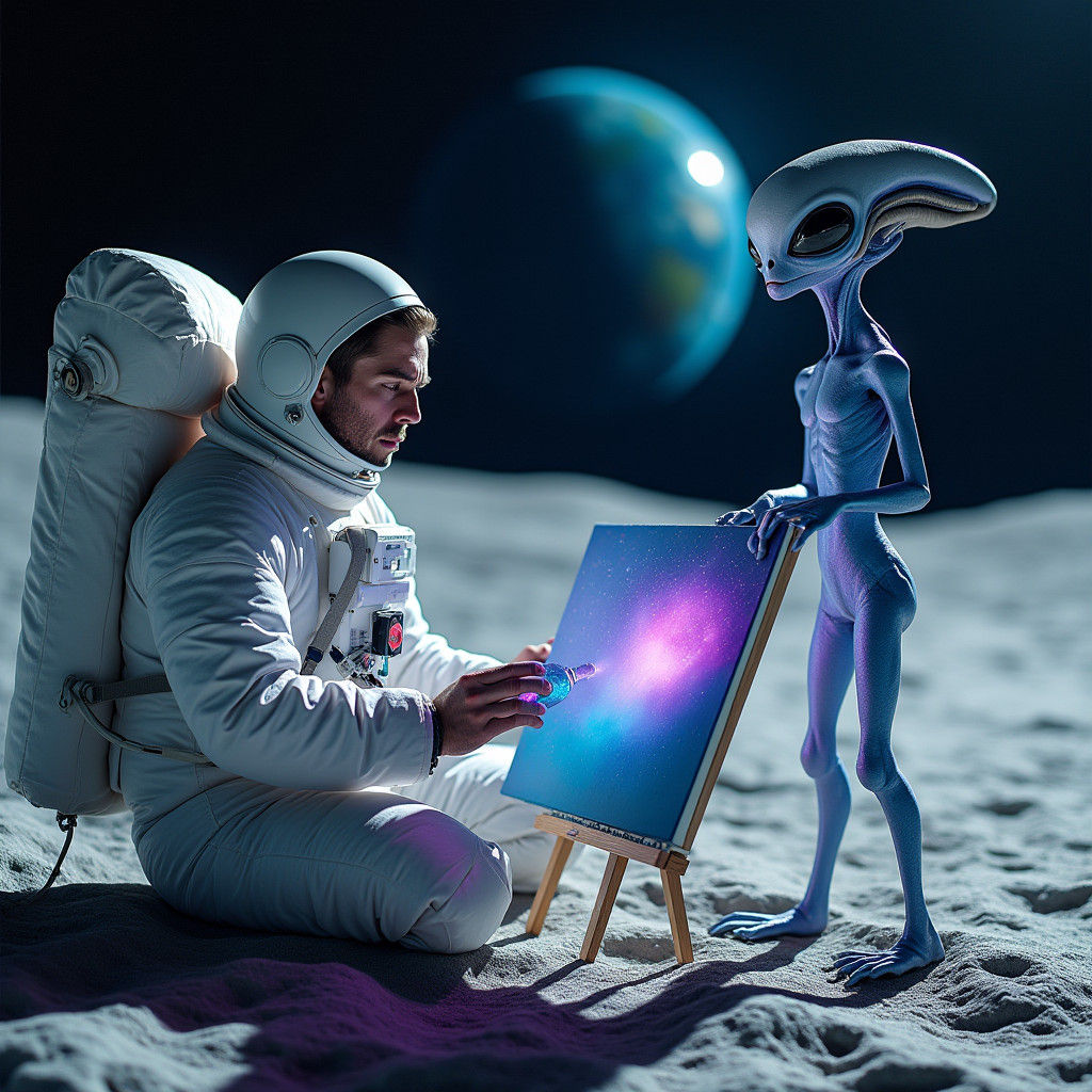 Astronaut Painting Earth on Moon with Alien