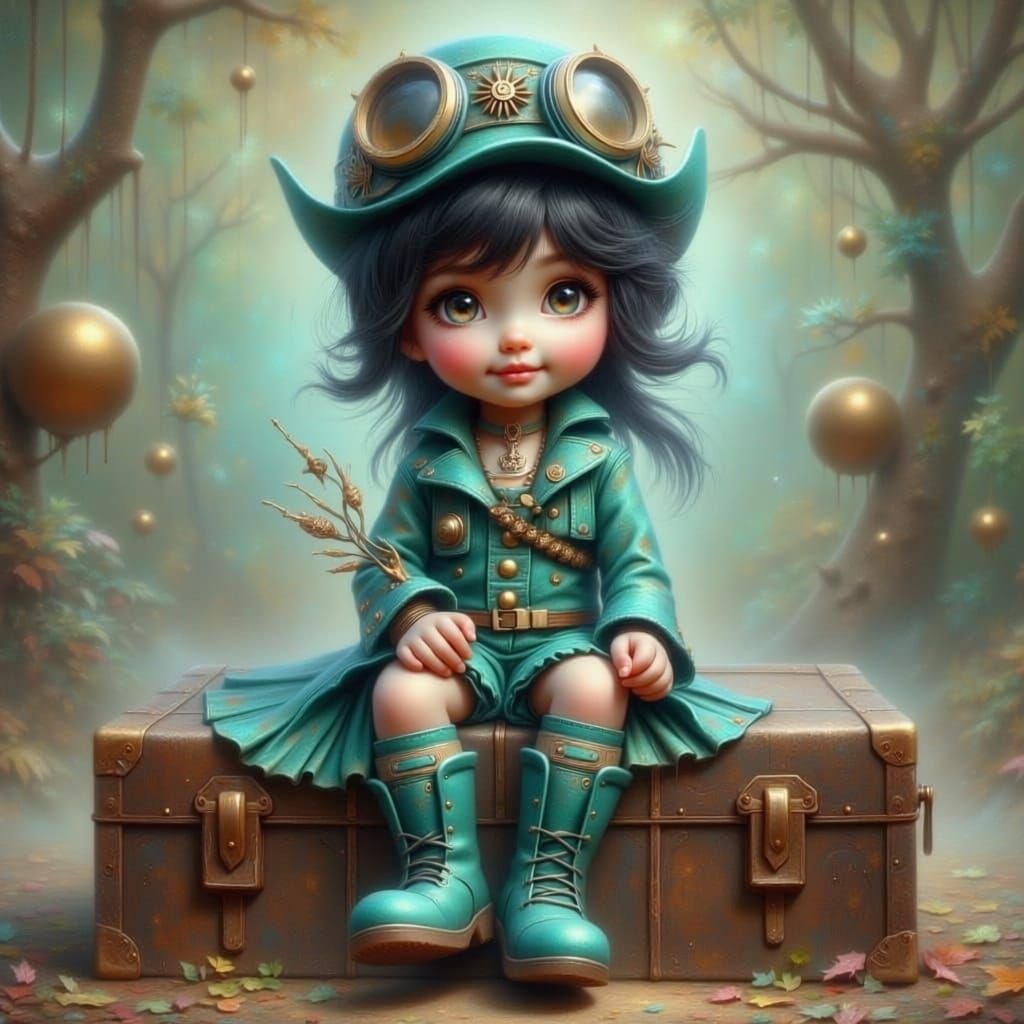 Steampunk Baby Girl in Teal Outfit on Vintage Trunk