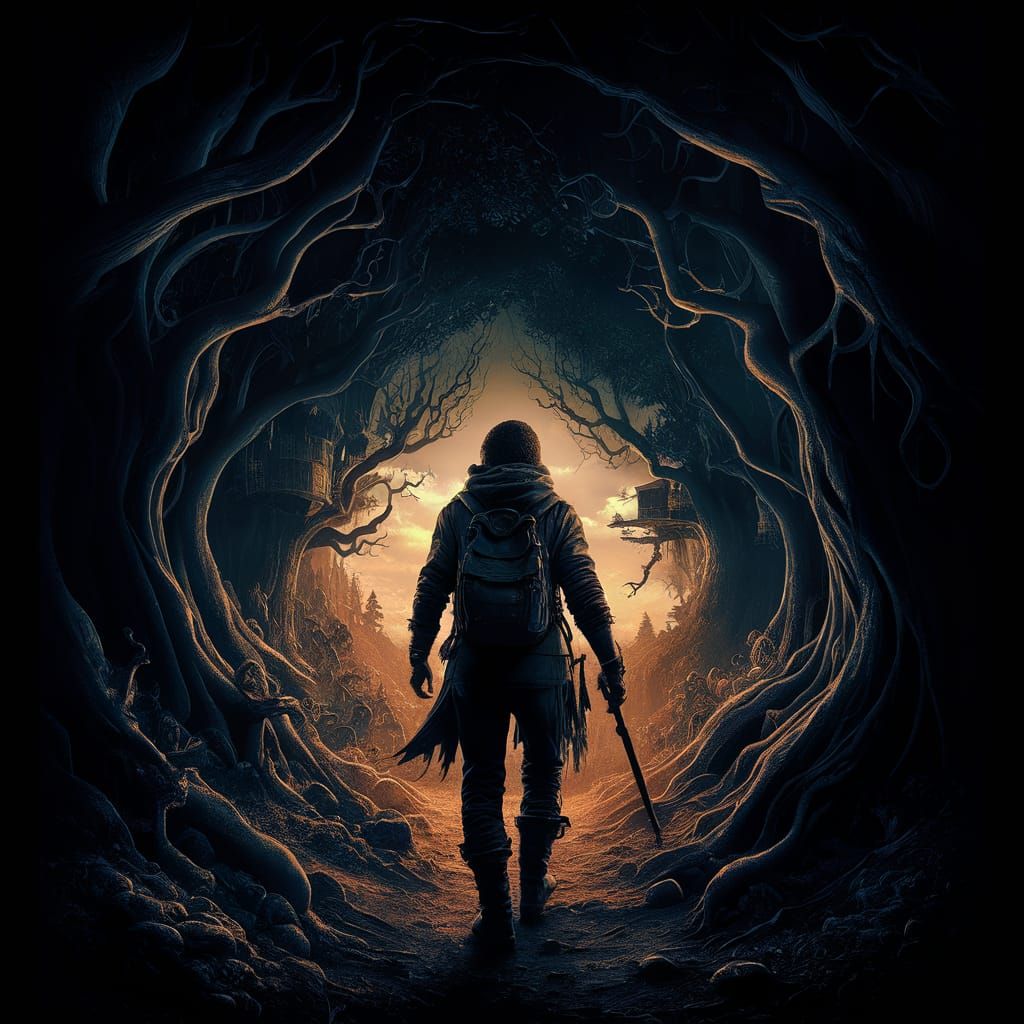 Adventurer Enters Eerie Fantasy Forest at Sunset