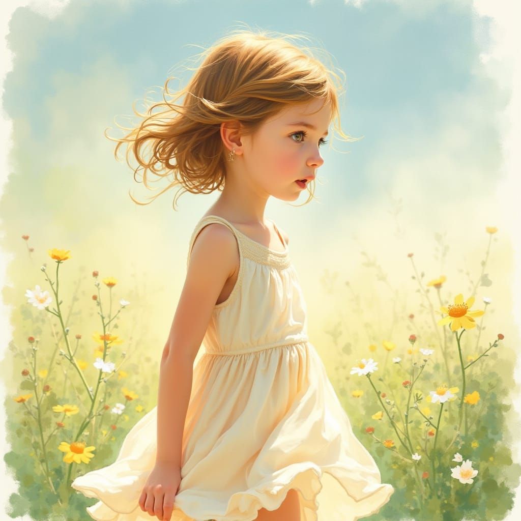 Young Girl in Flowing Sundress Watercolor Art