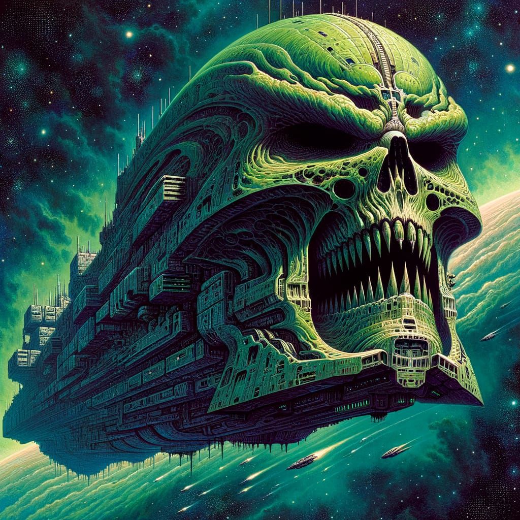 Colossal Green Skull Warship in Cosmic Expanse