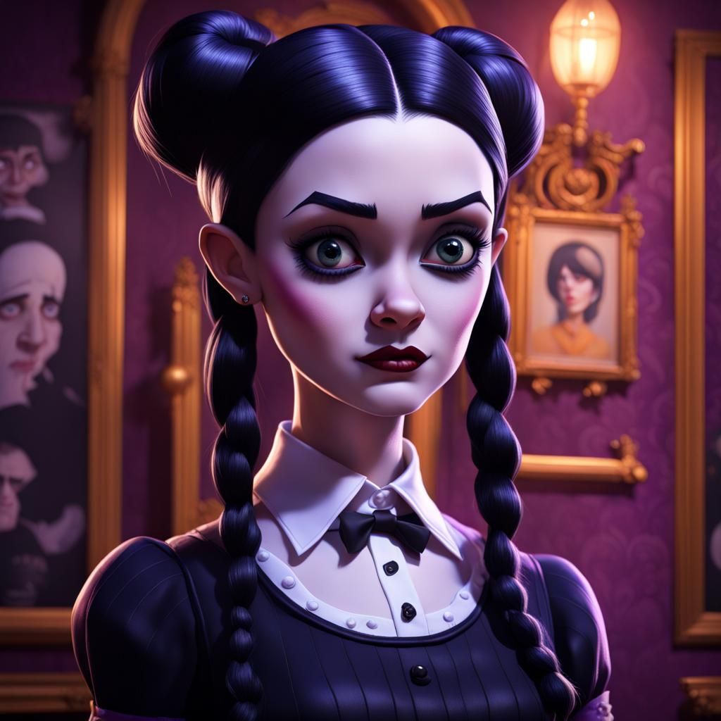 Wednesday Addams Glamour Portrait in Disney Pixar Style