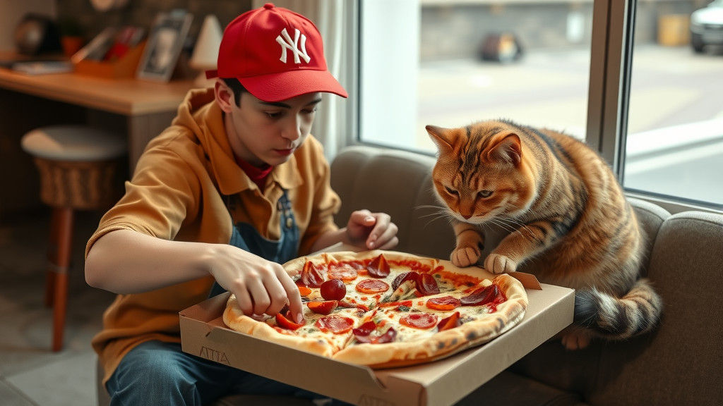 Pizza Delivery Boy letting his cat pick bits off a pizza he is planning to deliver