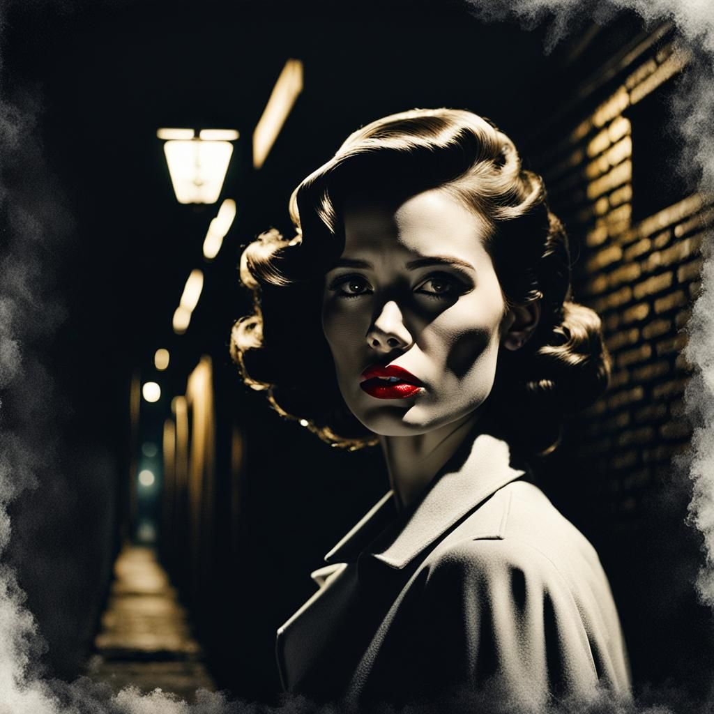Film Noir Woman with Red Lips in Alley