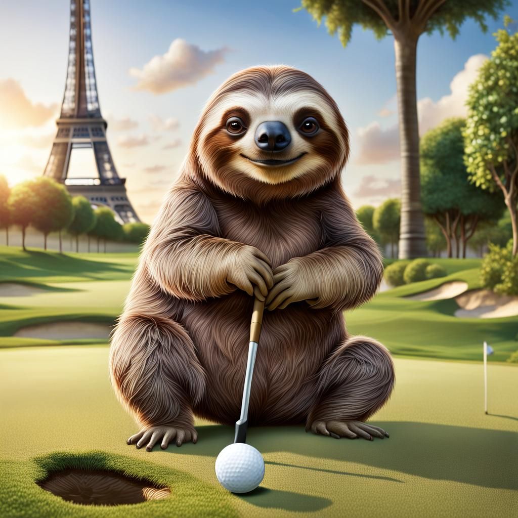 Animal olympics, a sloth playing golf