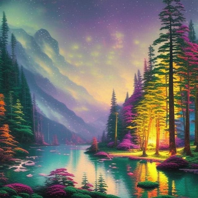 Mystic Lake and Forest Under Northern Lights