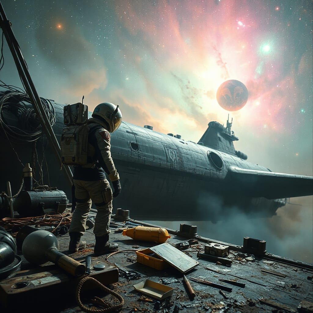 Astronaut Repairs Derelict Spaceship in Nebula