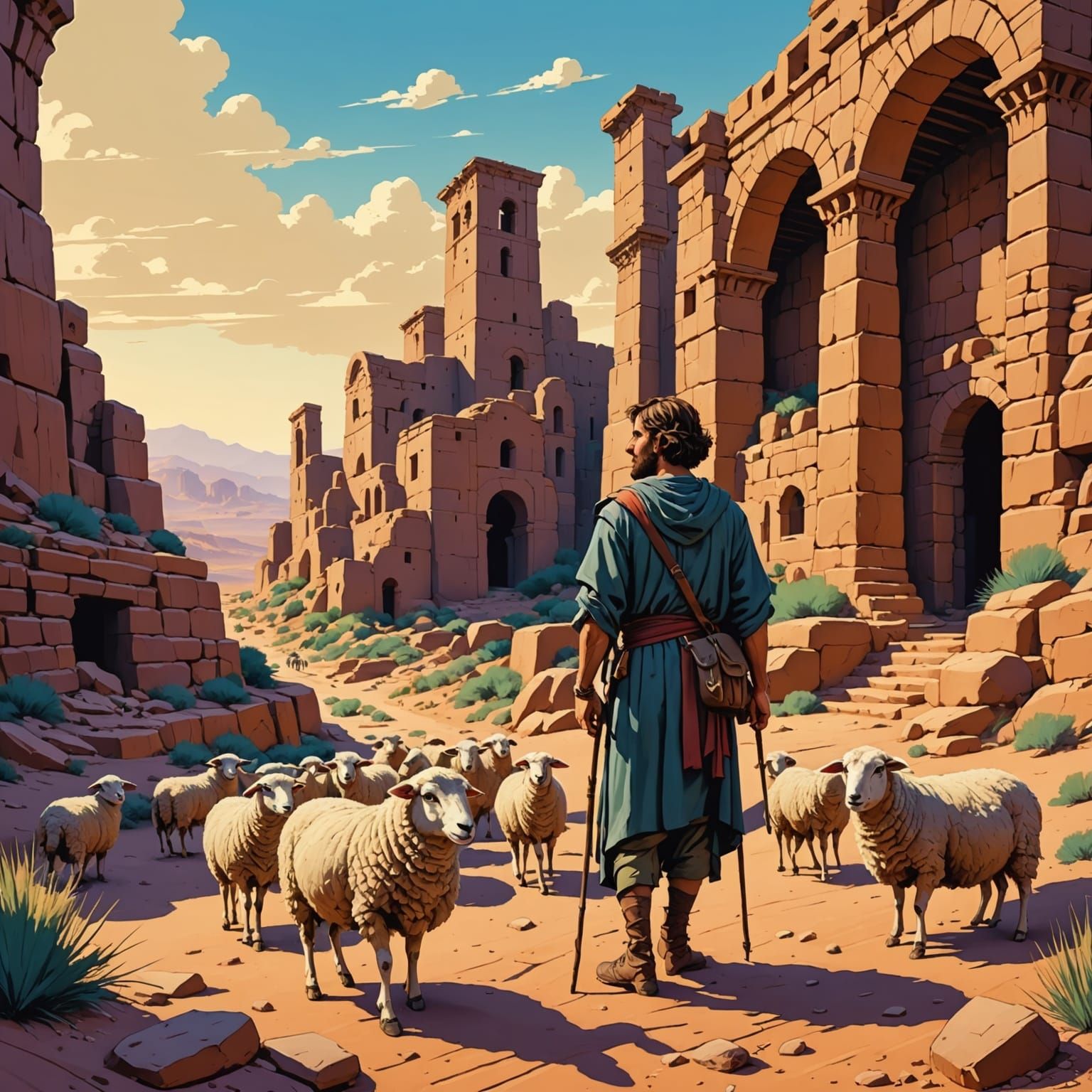 Shepherd and Sheep in Desert Ruins: Hyperrealistic Ghibli St...