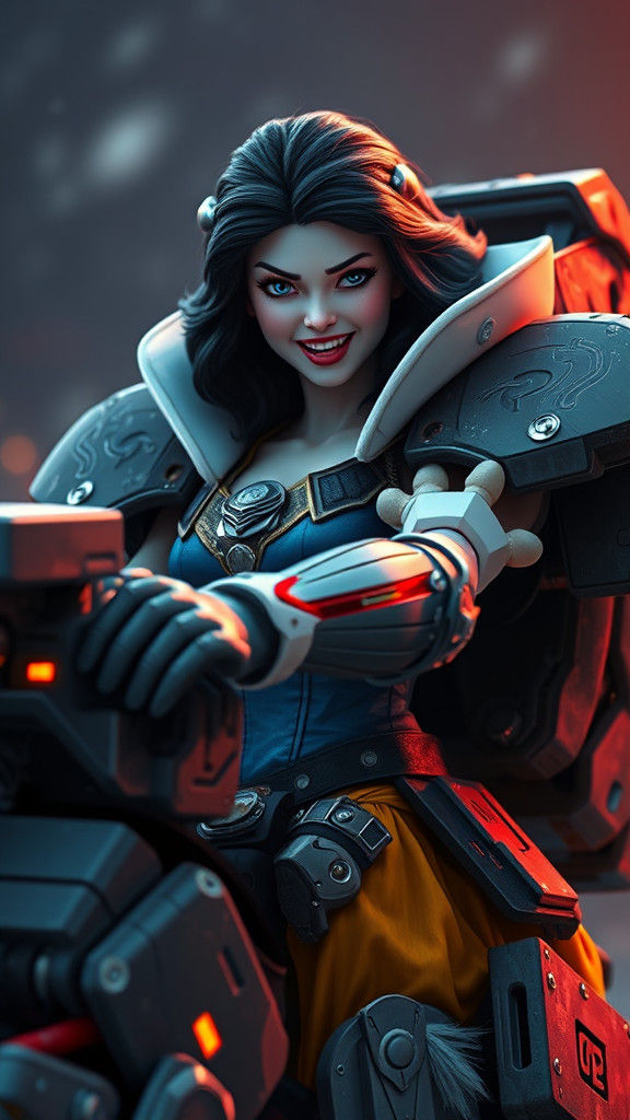 Snow White Piloting a Mech Suit in Hyperrealism