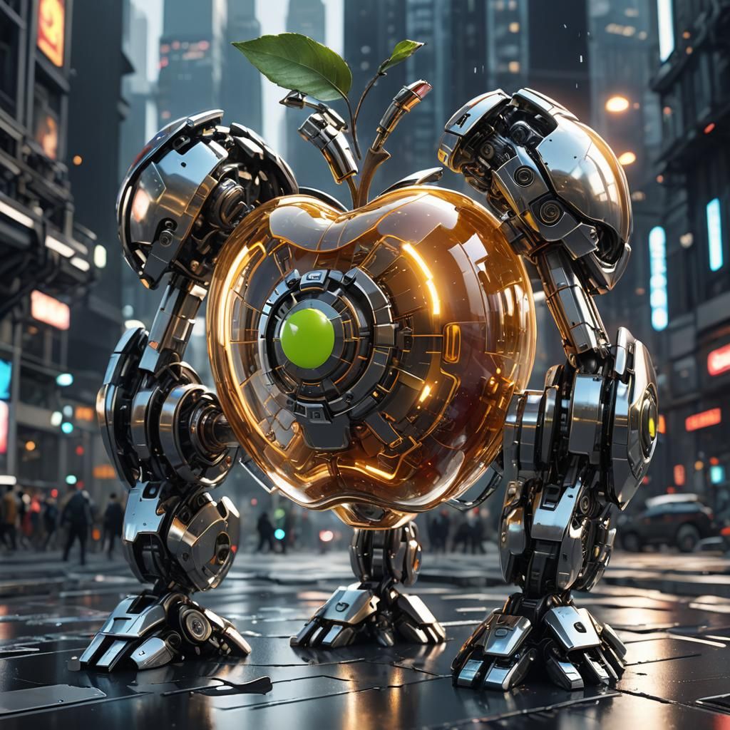 Futuristic Cyber Glass Apple with Intricate Mech Details